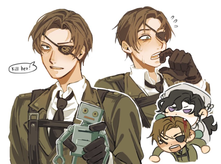 1boy 1girl anjo_nala belt biting black_eyes black_gloves black_necktie blood blood_in_hair brown_hair brown_jacket chibi chibi_inset collared_shirt desleben english_text eyepatch flying_sweatdrops gloves green_gloves hand_up hat head_biting highres holding holding_toy jacket looking_at_viewer military_uniform multiple_views necktie ptolemy_(reverse:1999) purple_eyes reverse:1999 shirt short_hair speech_bubble surprised sweat toy toy_robot utility_belt white_background white_hat white_shirt
