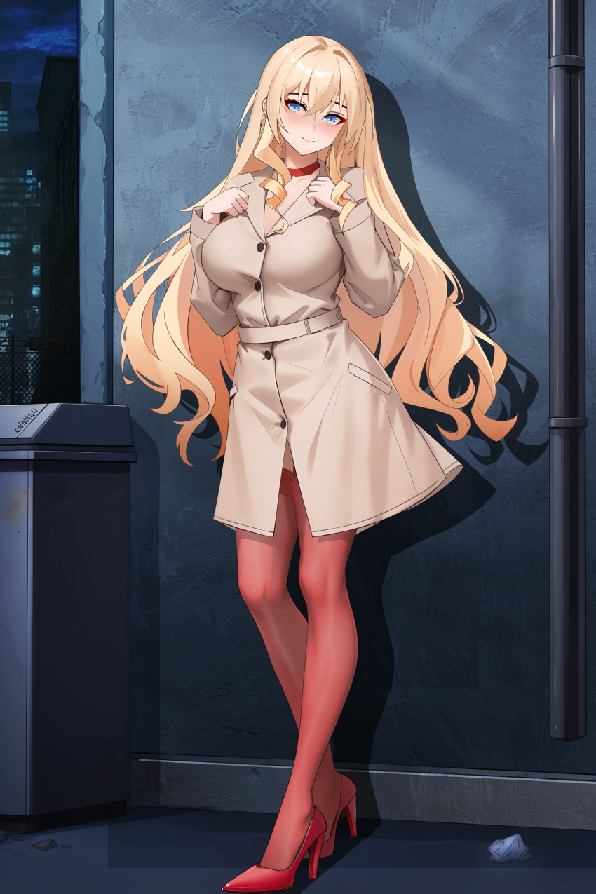 1girl blonde_hair blue_eyes breasts brown_coat coat hair_between_eyes high_heels highres large_breasts lion_(warship_girls_r) long_hair long_sleeves red_thighhighs solo standing thighhighs very_long_hair warship_girls_r xnnagu