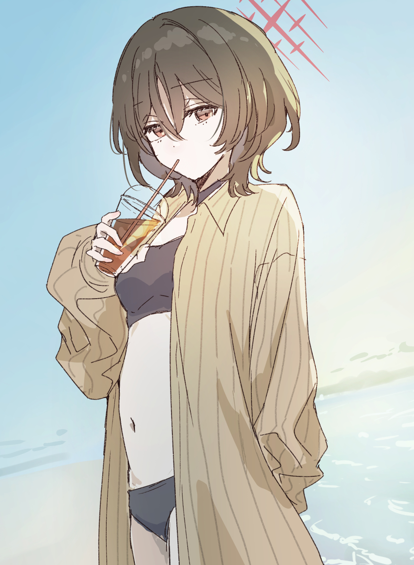1girl absurdres bandeau beach bikini bikini_under_clothes black_bandeau black_bikini black_choker blue_archive blue_sky breasts brown_eyes brown_hair choker cloud cowboy_shot day drink drinking_straw drinking_straw_in_mouth halo highres holding holding_drink looking_at_viewer misaki_(blue_archive) misaki_(swimsuit)_(blue_archive) navel ocean official_alternate_costume open_clothes open_shirt outdoors pinstripe_pattern pinstripe_shirt red_halo shirt short_hair sky solo striped_clothes striped_shirt swimsuit swimsuit_under_clothes tachibana_(tachibanablac) vertical-striped_clothes vertical-striped_shirt