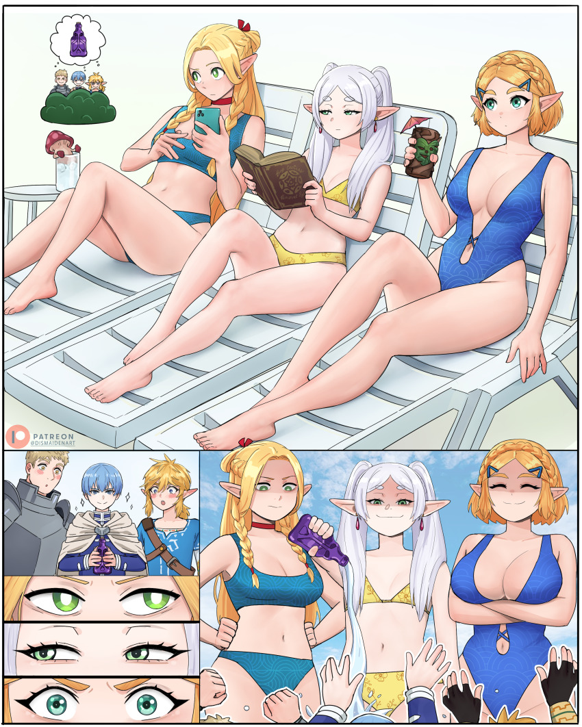 3boys 3girls absurdres armor bikini black_gloves blonde_hair blue_bikini blue_one-piece_swimsuit book braid breasts choker cleavage cloak commentary crown_braid cup dismaiden drinking_glass dungeon_meshi elf english_commentary fingerless_gloves frieren gloves green_eyes grey_hair highres himmel_(sousou_no_frieren) holding holding_book laios_touden large_breasts link long_hair marcille_donato multiple_boys multiple_girls mushroom navel nintendo one-piece_swimsuit pointy_ears princess_zelda reading red_choker small_breasts sousou_no_frieren swimsuit the_legend_of_zelda the_legend_of_zelda:_tears_of_the_kingdom twin_braids twintails white_cloak yellow_bikini