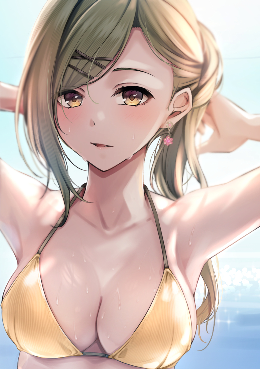 1girl alternate_costume armpits arms_up bikini blush breasts collarbone commentary earrings green_eyes halterneck highres idolmaster idolmaster_shiny_colors jewelry long_hair looking_at_viewer medium_breasts nanakusa_hazuki single_sidelock solo swept_bangs swimsuit upper_body yellow_bikini yuzuyu_(hyui)