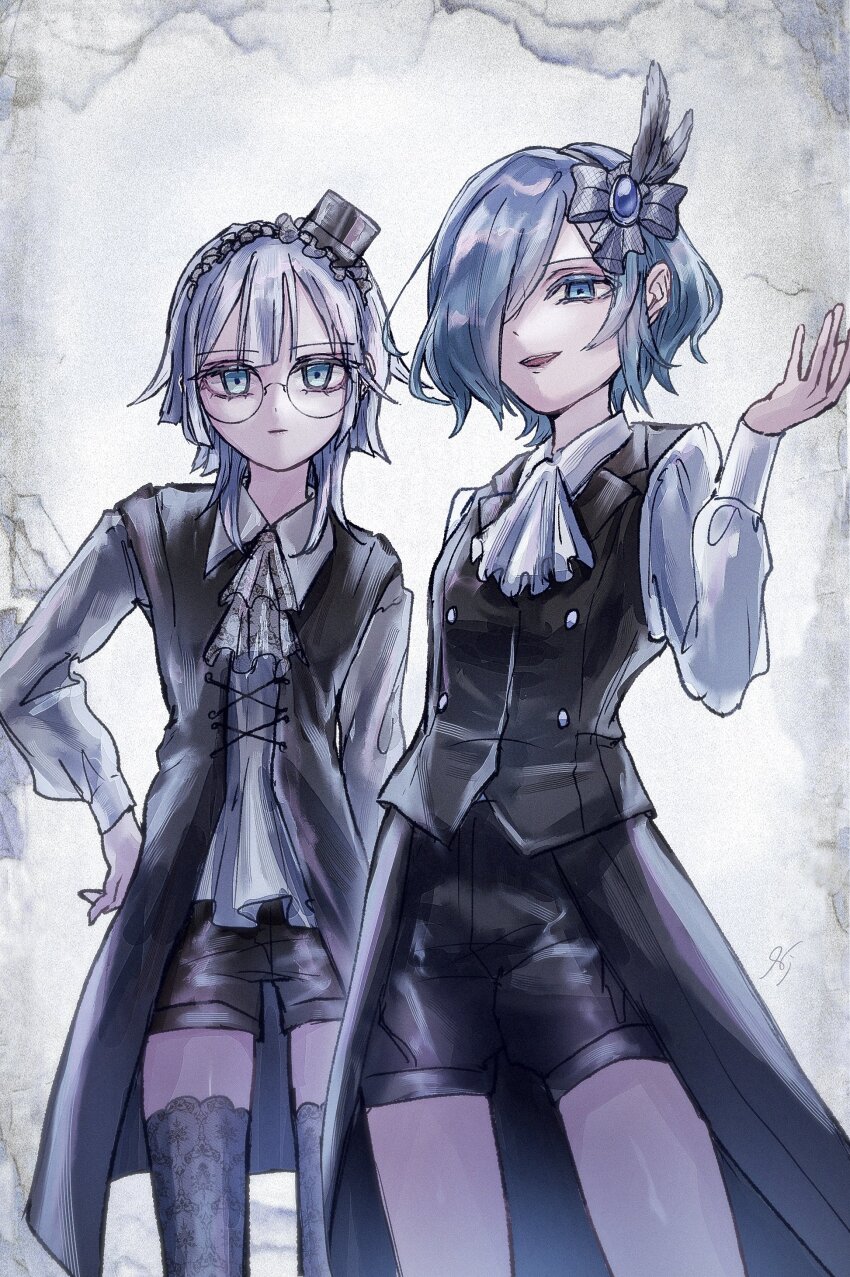 2girls absurdres aqua_eyes aqua_hair ascot black_shorts black_vest bow feather_hair_ornament feathers glasses grey_hair hair_bow hair_ornament hand_on_own_hip hat hifumi_suu highres kimi_no_koto_ga_dai_dai_dai_dai_daisuki_na_100-nin_no_kanojo lace lace_thighhighs medium_hair mini_hat multiple_girls nakaji_uto one_eye_covered round_eyewear shirt shorts signature tagari_6 thighhighs vest white_ascot white_shirt