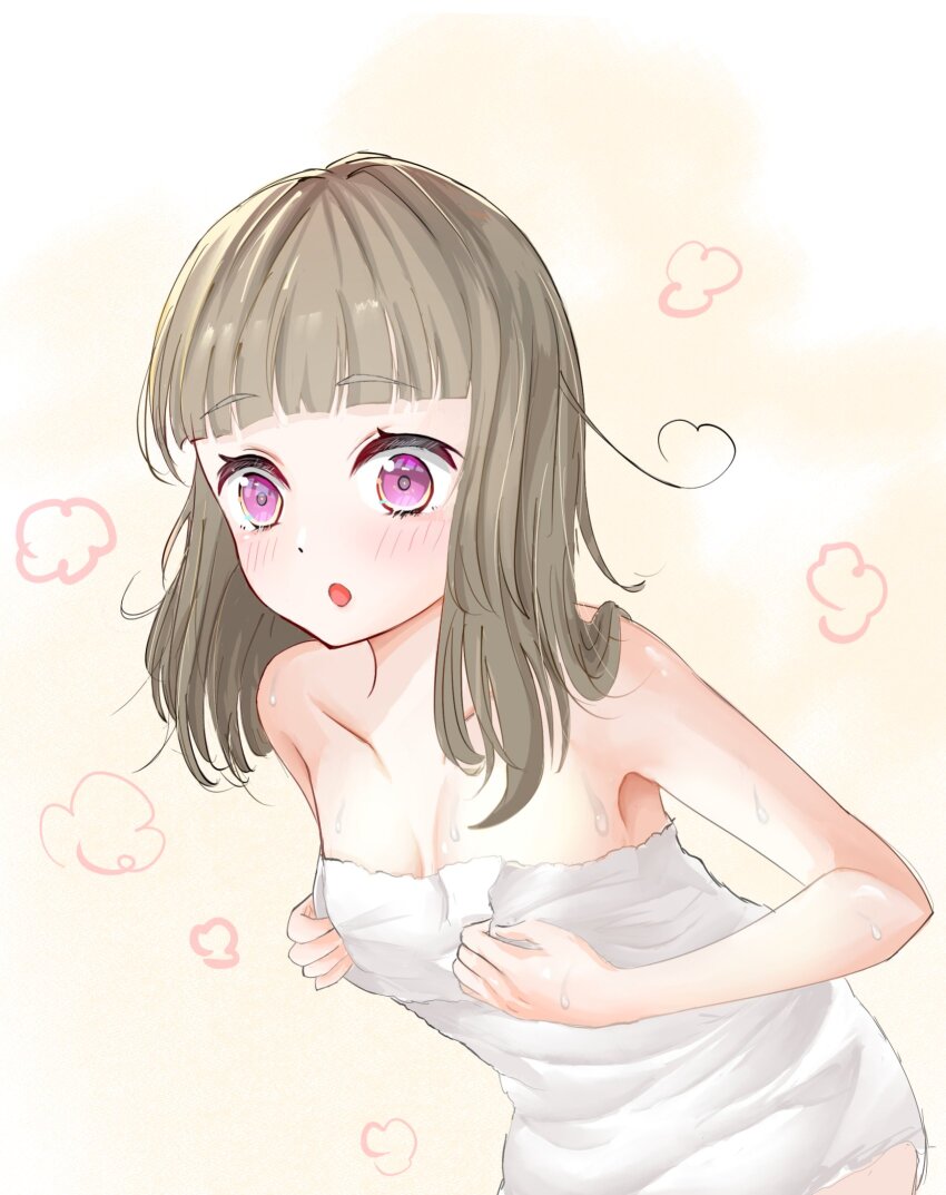 1girl :o bairasu_02 bare_shoulders blunt_bangs blush breast_conscious breasts collarbone commentary_request cowboy_shot grabbing_own_breast hair_down highres kachimachi_kosuzu leaning_forward link!_like!_love_live! long_hair love_live! naked_towel open_mouth pink_eyes small_breasts solo towel virtual_youtuber