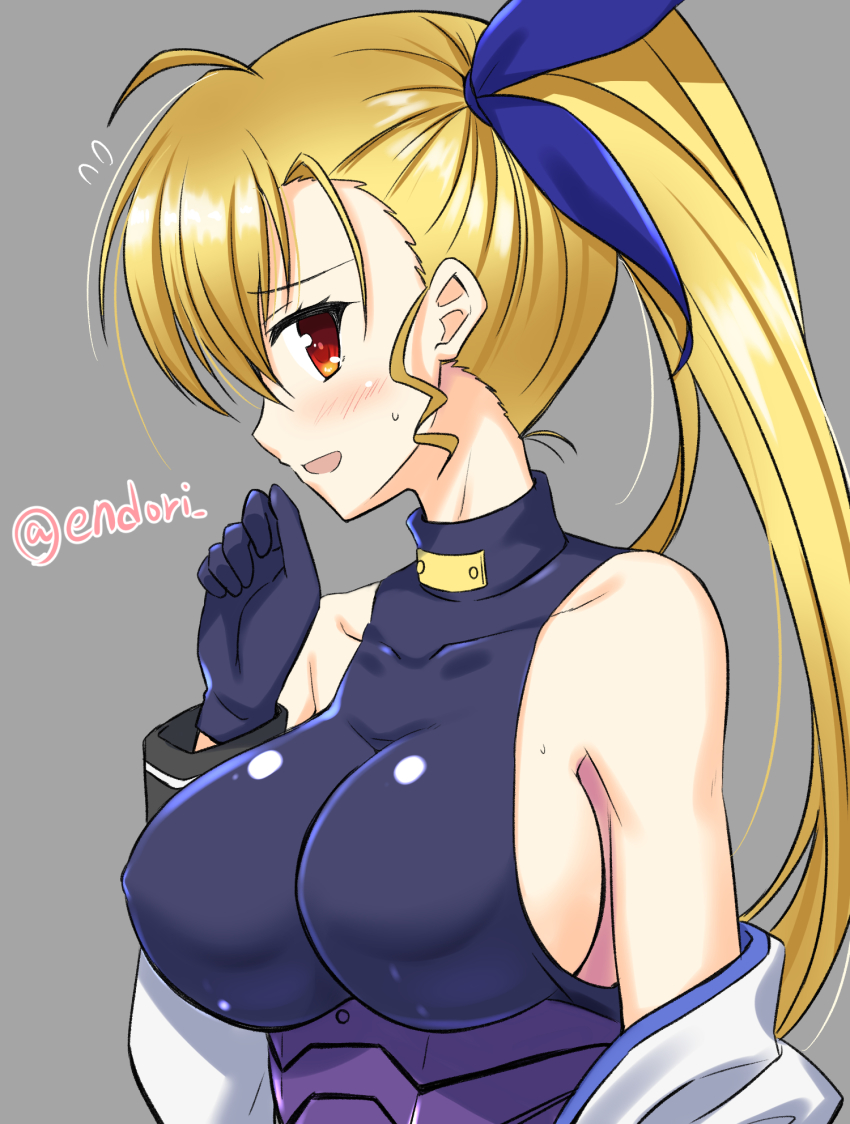 1girl ahoge artist_name bare_shoulders blonde_hair blush breasts covered_erect_nipples endori grey_background hair_ornament hair_ribbon highres large_breasts long_hair lyrical_nanoha mahou_shoujo_lyrical_nanoha_strikers open_mouth ponytail red_eyes ribbon sideboob simple_background solo sweat upper_body vivio