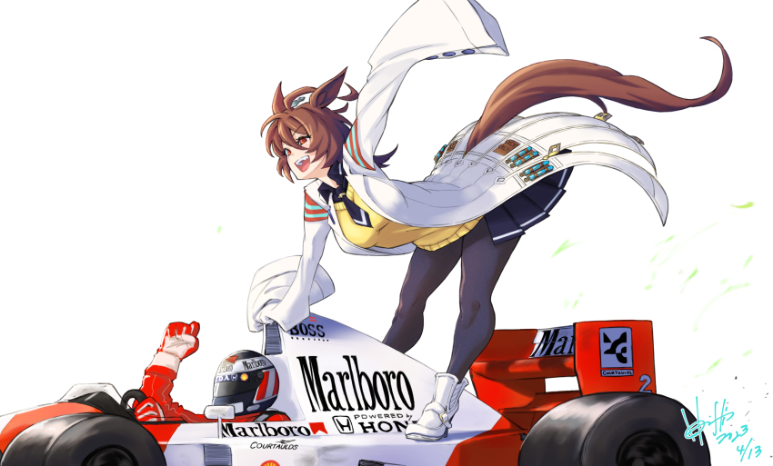 1girl 1other agnes_tachyon_(umamusume) ahoge animal_ears ankle_boots arm_support artist_name black_pantyhose black_shirt black_skirt boots brown_hair car collared_shirt commentary dated ear_covers formula_one highres hori_shin horse_ears horse_girl horse_tail lab_coat leaning_forward long_sleeves looking_to_the_side mclaren mclaren_honda medium_hair miniskirt motor_vehicle open_mouth pantyhose pleated_skirt race_vehicle racecar red_eyes shirt signature single_ear_cover skirt sleeves_past_wrists smile standing sweater tail umamusume v-neck white_footwear yellow_sweater