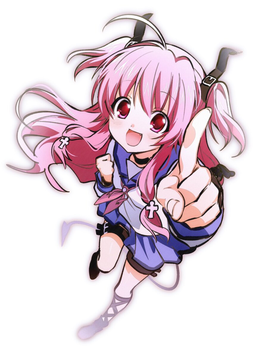 1girl :d ahoge angel_beats! arm_up belt blue_sailor_collar blue_skirt choker deezydays fang foreshortening full_body highres index_finger_raised long_hair long_sleeves looking_at_viewer neckerchief open_mouth pink_eyes pink_hair pink_neckerchief pleated_skirt sailor_collar school_uniform serafuku shirt shoes simple_background skirt smile solo thigh_belt thigh_strap two_side_up white_background white_shirt yui_(angel_beats!)