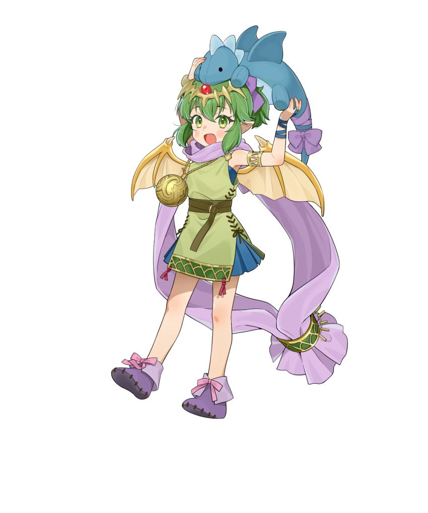 1girl aged_down armlet dragon dragon_girl dragon_wings fire_emblem fire_emblem:_mystery_of_the_emblem fire_emblem:_shadow_dragon_and_the_blade_of_light fire_emblem_heroes green_eyes green_hair highres holding holding_stuffed_toy jewelry looking_at_viewer nintendo non-web_source official_art open_mouth pendant pink_scarf pointy_ears ponytail scarf smile solo stuffed_animal stuffed_dragon stuffed_toy tachi-e tiara tiki_(fire_emblem) tiki_(young)_(dragon&#039;s_progeny)_(fire_emblem) transparent_background wings