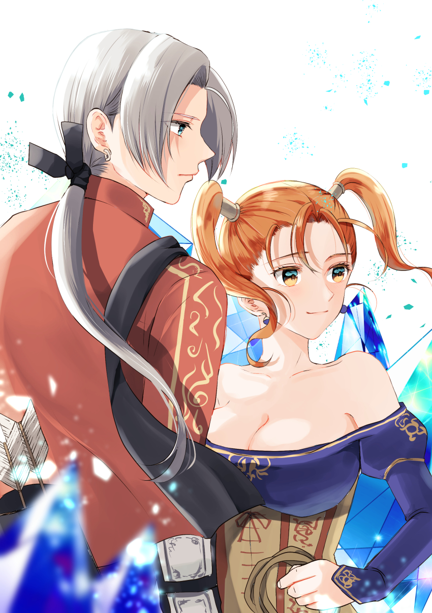 1boy 1girl absurdres aqua_eyes arrow_(projectile) black_ribbon blue_gemstone blurry blurry_foreground breasts c-diamond cleavage closed_mouth commentary_request corset couple crystal depth_of_field dragon_quest dragon_quest_heroes dragon_quest_viii earrings facing_another floating_hair gem gold_trim hair_ribbon hair_tubes hetero highres holding holding_whip hoop_earrings jessica_albert jewelry kukuru_(dq8) large_breasts looking_to_the_side low_ponytail off-shoulder_shirt off_shoulder orange_eyes orange_hair parted_bangs ponytail profile quiver ribbon shirt smile sphere_earrings twintails white_background white_hair yellow_corset