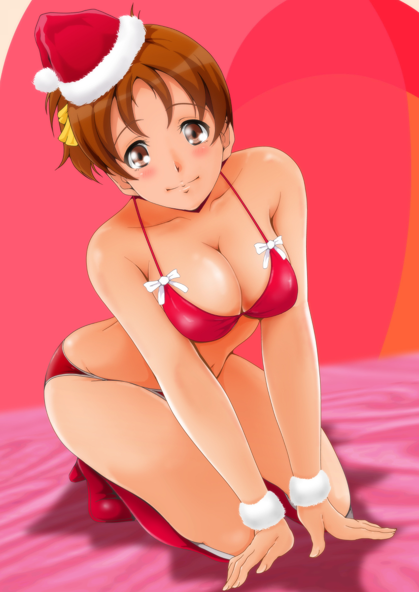 1girl absurdres arm_support bed_sheet bikini blush boots breasts brown_hair christmas cleavage closed_mouth commentary fur_cuffs hair_ribbon halterneck hat high_heel_boots high_heels highres hirasawa_ui k-on! kneeling leaning_forward looking_at_viewer medium_breasts nanashi_noiji navel on_bed ponytail red_bikini red_boots red_hat ribbon santa_bikini santa_boots santa_costume santa_hat shadow short_hair short_ponytail smile solo swimsuit textless_version tilted_headwear yellow_ribbon