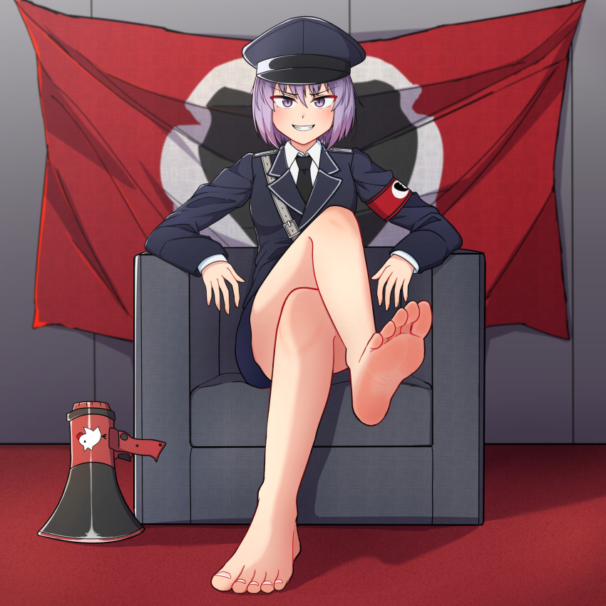 1girl 3520a076 armchair barefoot black_coat black_hat black_necktie black_skirt blush broken_heart_print chair coat collared_shirt commentary_request cookie_(touhou) crossed_legs feet flag foot_focus full_body geru_futota grin hat highres long_sleeves looking_at_viewer megaphone military_hat military_uniform necktie peaked_cap purple_eyes purple_hair remilia_scarlet shirt short_hair sitting skirt slit_pupils smile solo the_chicken_that_appears_in_the_middle_of_cookie toenails touhou v-shaped_eyebrows white_shirt