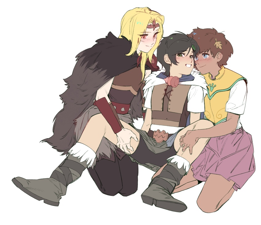 3girls amphibia anne_boonchuy armor bike_shorts blonde_hair blue_eyes boots breastplate cape dogwhitee fur_cape girl_sandwich highres leaf leaf_on_head leather_armor looking_at_another marcy_wu multiple_girls pink_eyes ranger_uniform_(amphibia) sandwiched sasha_waybright school_uniform skirt smile spread_legs thigh_grab
