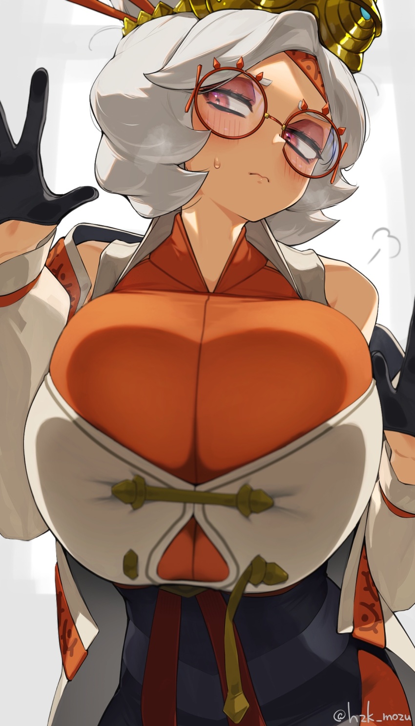 1girl bare_shoulders black_gloves blush breasts eyeshadow eyewear_on_head glasses gloves hair_bun hair_ornament hair_stick highres huge_breasts kashu_(hizake) long_sleeves looking_at_viewer makeup medium_hair nintendo off_shoulder purah red-framed_eyewear red_eyes red_eyeshadow round_eyewear sheikah solo the_legend_of_zelda the_legend_of_zelda:_tears_of_the_kingdom updo white_hair