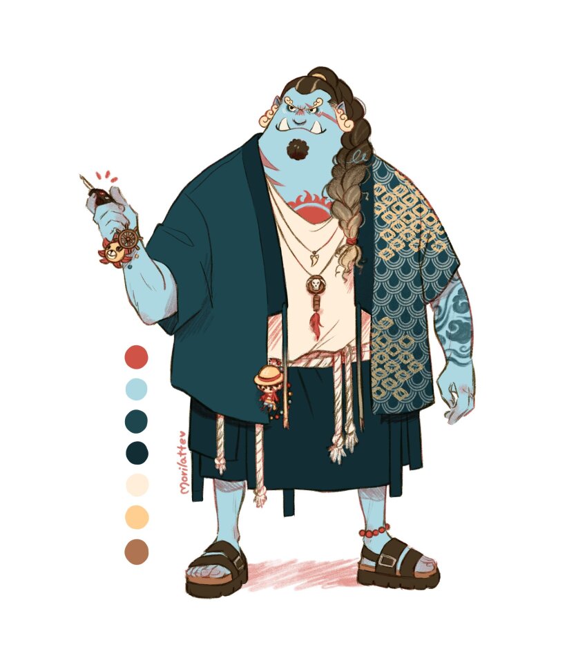 1boy alternate_costume anklet arm_tattoo arm_up artist_name bead_anklet beads beard black_hair blue_skin braid braided_ponytail car_keys character_charm charm_(object) chest_tattoo color_guide colored_skin facial_hair full_body highres holding holding_key japanese_clothes jewelry jinbe_(one_piece) key long_hair male_focus monkey_d._luffy morilatte_art necklace one_piece patterned_clothing pointy_ears rope sandals shirt simple_background skull_necklace solo standing tattoo thousand_sunny tooth_necklace tusks white_background white_shirt