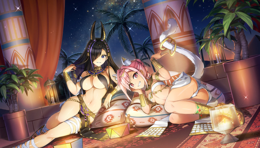 2girls ancient_egyptian ancient_egyptian_clothes animal_ears anubis_(mythology) anubis_(mythology)_(cosplay) armlet black_hair blue_eyes breasts clenched_teeth cosplay dark-skinned_female dark_skin dolphin_wave eye_of_horus fake_tail game_cg gold_thighlet grin hair_over_eyes hieroglyphics highres jackal_ears jewelry kurose_minami long_hair looking_at_viewer multiple_girls navel night night_sky non-web_source official_alternate_costume official_art one_eye_covered ootomo_takuji outdoors pharaoh pillow pink_eyes pink_hair purple_streaks single_hair_streak sky small_breasts smile star_(sky) starry_sky tail tan teeth thighlet underboob urami_kana usekh_collar