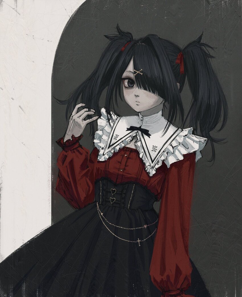 1girl ame-chan_(needy_girl_overdose) black_eyes black_hair black_skirt expressionless frilled_shirt_collar frills hair_ornament hair_over_one_eye high-waist_skirt highres inai_the_maid long_hair looking_at_viewer needy_girl_overdose parted_lips red_shirt shirt skirt solo twintails x_hair_ornament