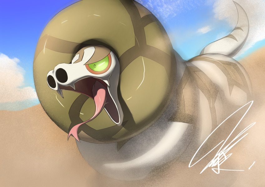 1other anaconda blue_sky cloud coiled colored_sclera desert fangs forked_tongue game_freak gen_8_pokemon green_eyes green_sclera highres looking_to_the_side mitsukuma448 nintendo open_mouth outdoors pokemon pokemon_(creature) sand sandaconda signature sky snake solo tongue tongue_out