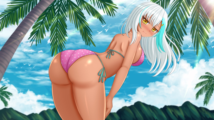 1girl :t ass bare_arms bare_shoulders bikini blue_hair blue_sky blush breasts closed_mouth cloud commentary commission day english_commentary hair_between_eyes hair_ornament hairclip highres kazenokaze leaning_forward long_hair looking_at_viewer looking_to_the_side medium_breasts multicolored_hair nose_blush original outdoors palm_tree pink_bikini polka_dot polka_dot_bikini pout sky solo streaked_hair swimsuit tan tree wavy_mouth white_hair yellow_eyes