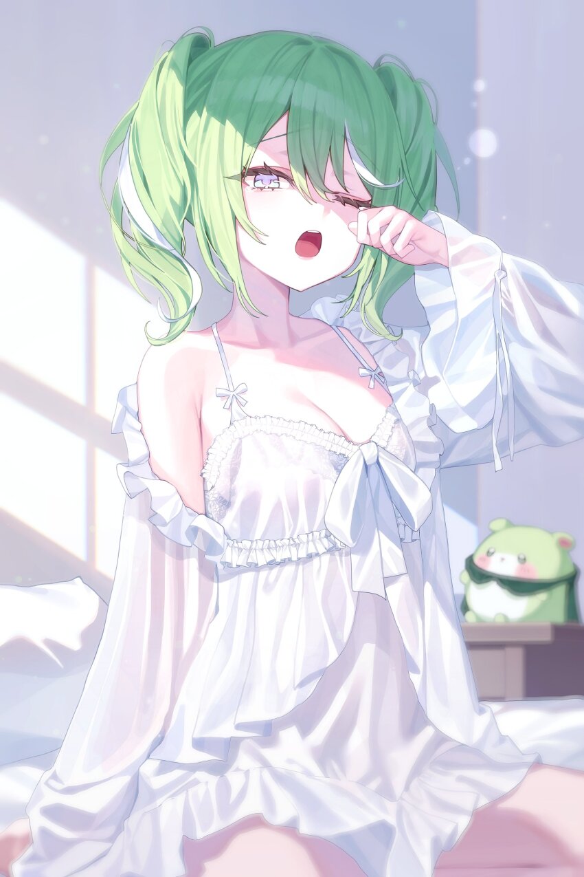1girl absurdres bare_shoulders bed bed_sheet breasts chico_(yuzuha_riko) cleavage collarbone commentary_request day frilled_chemise frills green_eyes green_hair hair_between_eyes hashtag-only_commentary highres indoors korean_commentary light_particles long_hair long_sleeves looking_at_viewer medium_breasts multicolored_hair on_bed one_eye_closed open_mouth pillow see-through_clothes see-through_sleeves sitting sleepwear solo spaghetti_strap stellive streaked_hair table thighs twintails virtual_youtuber waking_up white_chemise white_streaks wide_sleeves yioro yuzuha_riko