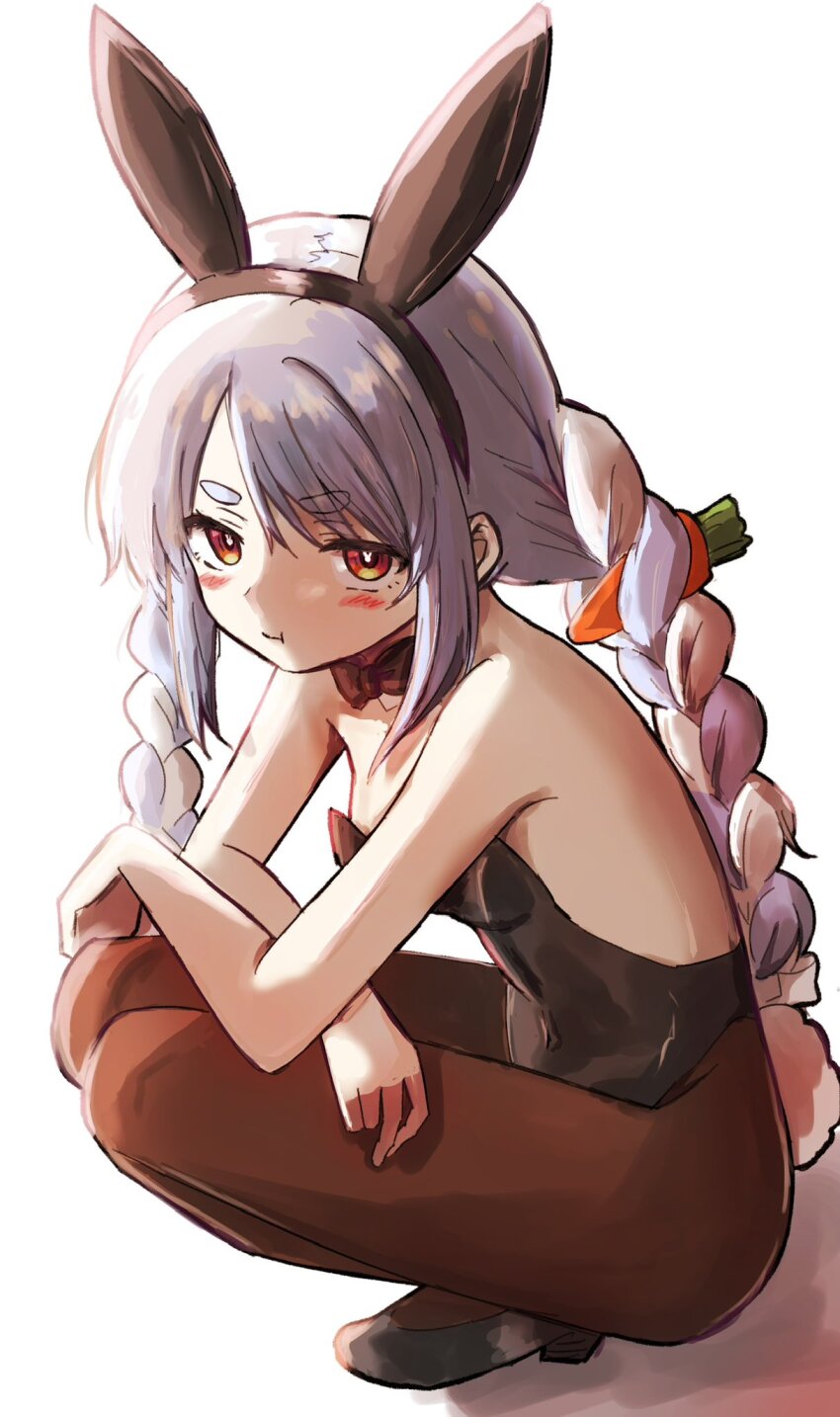 1girl animal_ears bare_arms bare_shoulders black_hairband black_leotard black_shoes blue_hair bow braid breasts brown_pantyhose bunny_day carrot_hair_ornament commentary_request covered_navel crossed_arms fake_animal_ears food-themed_hair_ornament hair_bow hair_ornament hairband high_heels highres hololive kiritoma leotard multicolored_hair pantyhose rabbit-shaped_pupils rabbit_ears rabbit_tail red_eyes shadow shoes short_eyebrows small_breasts solo squatting strapless strapless_leotard sunlight symbol-shaped_pupils tail thick_eyebrows twin_braids twintails two-tone_hair usada_pekora virtual_youtuber white_background white_bow white_hair