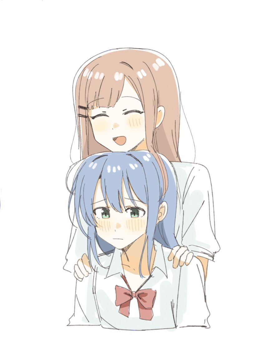 2girls adachi_sakura adachi_to_shimamura blue_eyes blue_hair blush bow bowtie brown_hair chinese_commentary closed_eyes closed_mouth commentary_request haidao_mao hair_ornament hairclip highres long_hair medium_hair multiple_girls open_mouth red_bow red_bowtie school_uniform shimamura_hougetsu shirt simple_background white_background white_shirt