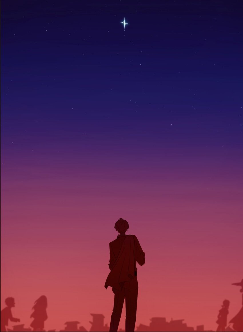 2boys 3girls back blue_sky char_aznable feet_out_of_frame from_behind gradient_sky gundam gundam_gquuuuuux highres keito_002468 lalah_sune multiple_boys multiple_girls outdoors pants purple_sky red_sky shirouzu_(gundam) shirt short_hair sky star_(sky)