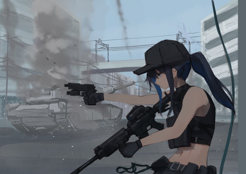 1girl absurdres assault_rifle bare_shoulders baseball_cap black_hair black_shirt blue_archive blue_eyes blue_hair blue_halo blue_sky breasts chest_harness crop_top firing gun halo handgun harness hat hetare_galm_sue highres holding holding_gun holding_weapon long_hair military_vehicle motor_vehicle no_mask outdoors rifle saori_(blue_archive) shirt sig_516 sky sleeveless tank weapon