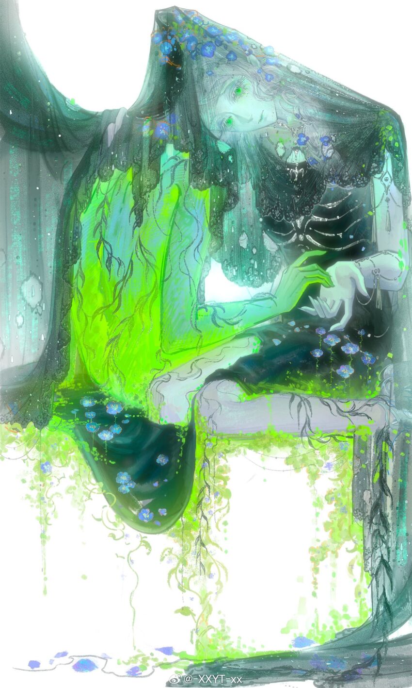 1girl bare_legs barefoot black_dress black_hair blue_flower bracelet chinese_commentary commentary_request curtains dress feet_out_of_frame flower green_eyes grey_hair hair_over_shoulder head_tilt highres jewelry kneeling long_hair looking_at_viewer moss original pale_skin plant short_dress skeleton_print sleeveless sleeveless_dress slime_(substance) solo vines watermark weibo_watermark white_background xxyt-xx