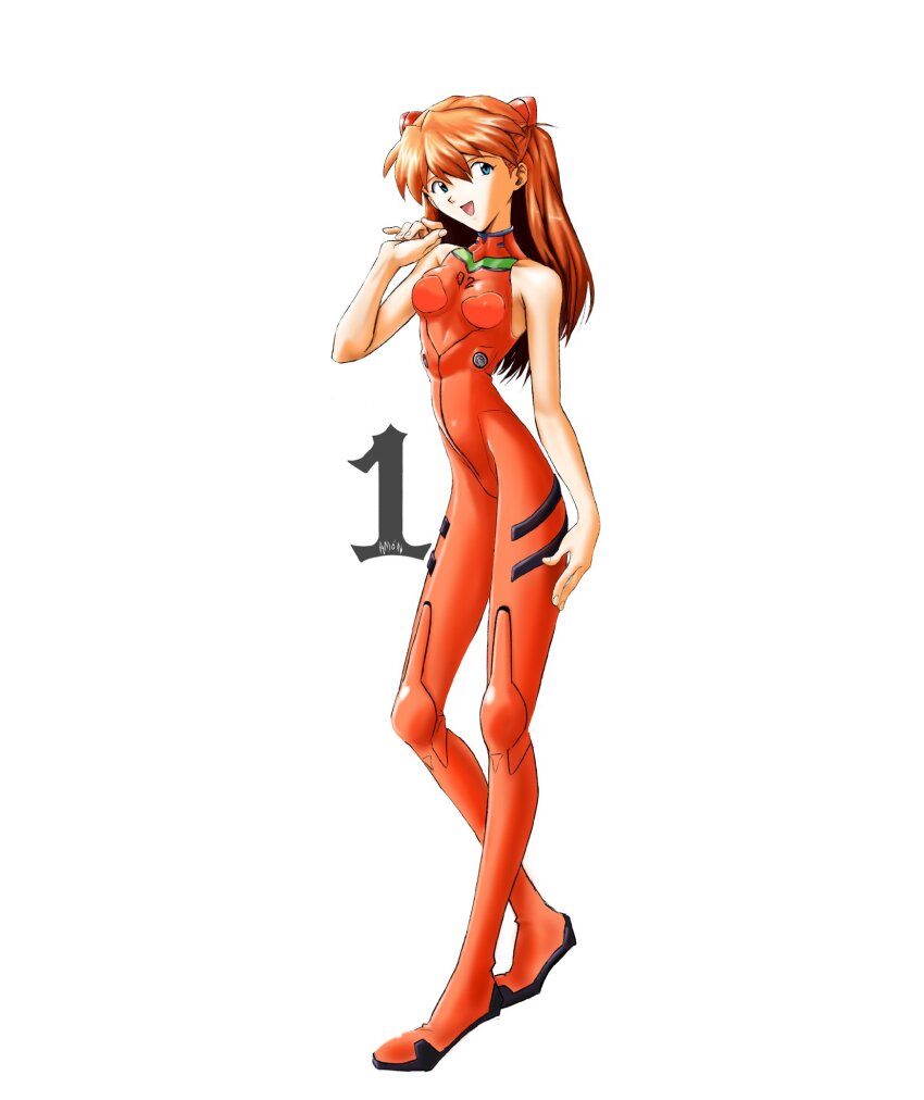 1girl adapted_costume amondetauro blue_eyes bodysuit breasts half_updo highres interface_headset_(evangelion) long_hair looking_at_viewer mecha_pilot_suit neon_genesis_evangelion open_mouth orange_hair plugsuit_(evangelion) red_bodysuit simple_background sleeveless sleeveless_bodysuit small_breasts smile solo souryuu_asuka_langley white_background