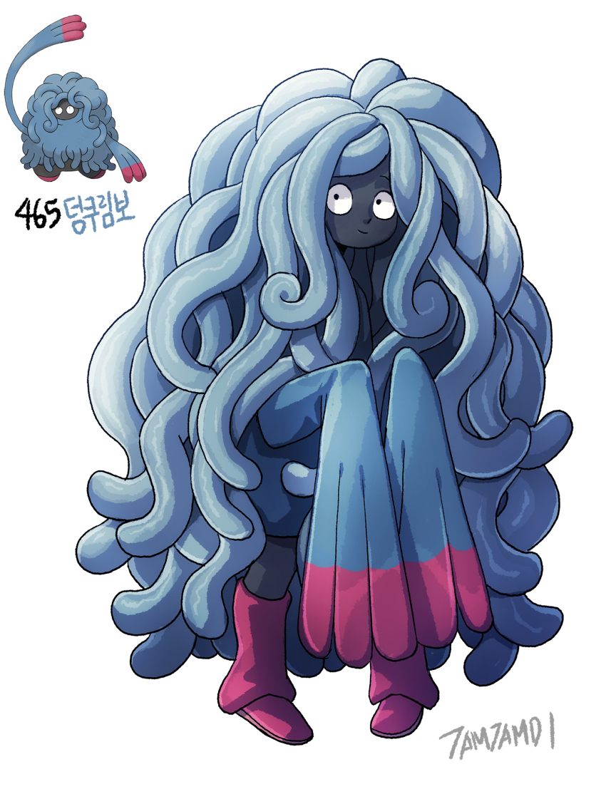 1girl black_eyes black_skin blue_hair blue_shirt colored_skin full_body gen_4_pokemon highres long_hair long_sleeves looking_at_viewer nintendo personification pokemon pokemon_(creature) red_footwear reference_inset shirt signature sleeves_past_fingers sleeves_past_wrists tamtamdi tangrowth tentacle_hair translated very_long_hair white_background