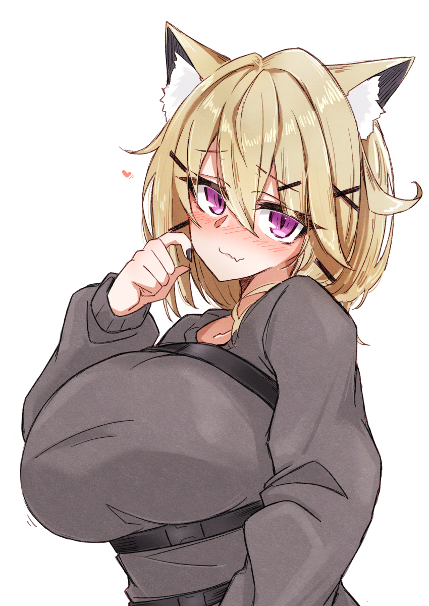 1girl absurdres animal_ear_fluff animal_ears arknights black_sweater blush closed_mouth commentary english_commentary eyes_visible_through_hair framed_breasts hair_between_eyes hair_ornament hairclip heart highres long_sleeves looking_at_viewer maiq06 mixed-language_commentary nose_blush purple_eyes short_hair simple_background smile solo strap sweater upper_body utage_(arknights) white_background x_hair_ornament