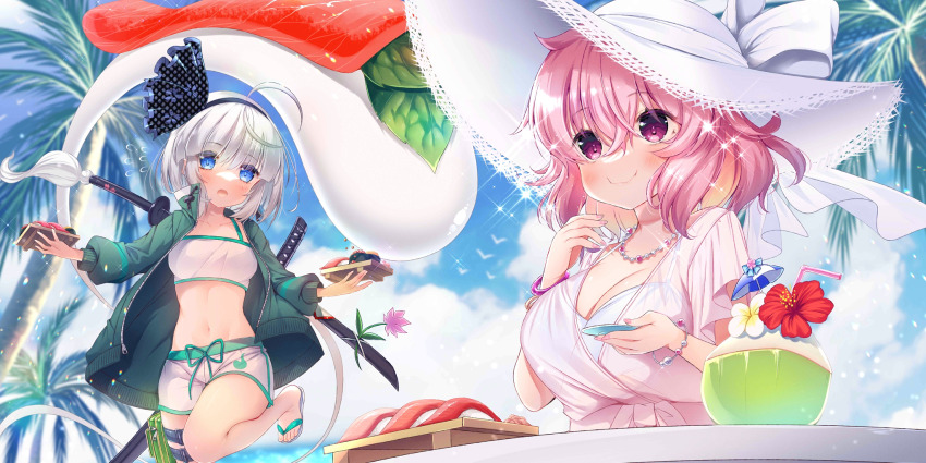 2girls ahoge alternate_costume alternate_headwear bikini bikini_under_clothes black_hairband blue_eyes blue_sky blush bow bracelet breasts cleavage closed_mouth cloud coconut commentary day drinking_straw eating english_commentary flower flower_request flying_sweatdrops food game_cg green_jacket grey_hair hair_between_eyes hairband happy hat hat_bow hibiscus highres hitodama hitodama_print jacket jewelry katana ko_yu konpaku_youmu konpaku_youmu_(sunny_dual-wielder) large_breasts leg_up long_sleeves medium_breasts medium_hair multiple_girls navel necklace official_art open_clothes open_jacket outdoors palm_tree pink_eyes pink_hair pink_nails plumeria red_flower saigyouji_yuyuko saigyouji_yuyuko_(seamless_swimsuit_ghost) sheath short_sleeves shorts sky smile sushi swimsuit sword third-party_source touhou touhou_lostword tree weapon white_bikini white_bow white_flower white_hat white_shorts