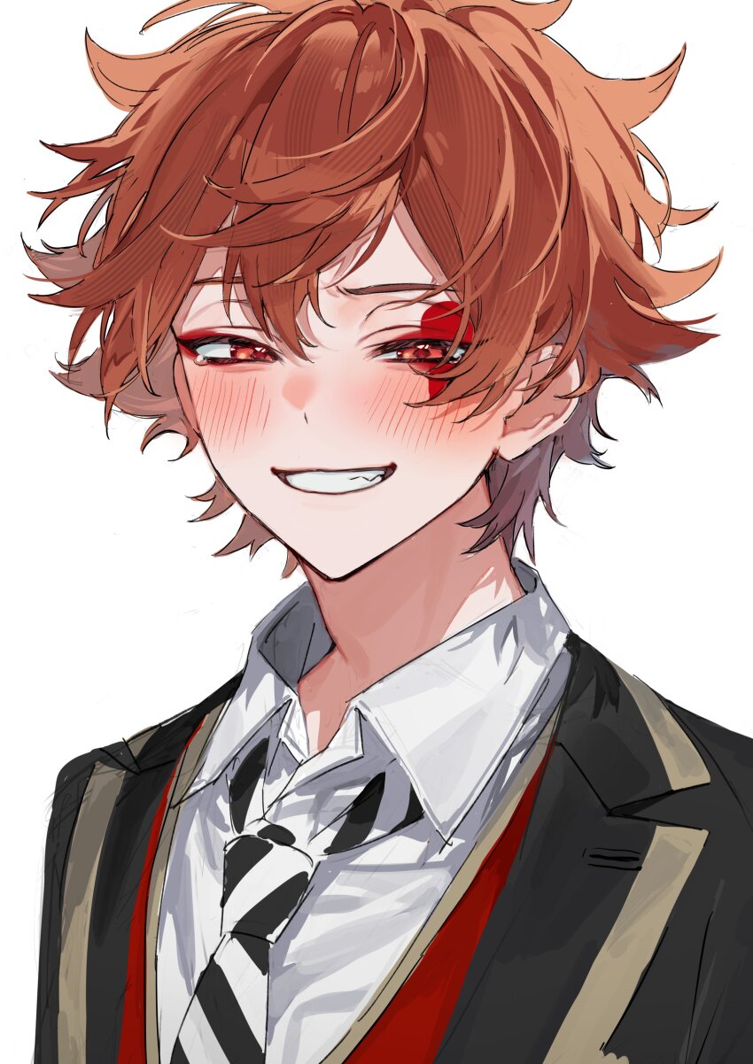 1boy absurdres ace_trappola black_jacket blush collared_shirt diagonal-striped_clothes diagonal-striped_necktie dot_nose double-parted_bangs facial_mark gold_trim grin hair_between_eyes heart highres hikentai3 jacket lapels male_focus messy_hair necktie night_raven_college_uniform notched_lapels orange_hair red_eyes school_uniform shirt simple_background smile solo striped_clothes striped_necktie teeth twisted_wonderland upper_body white_background white_shirt wing_collar