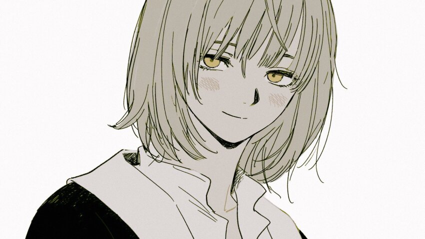 1girl black_jacket bob_cut bush closed_mouth collarbone collared_shirt dungeon_meshi falin_touden falin_touden_(tallman) female_focus frs2 grey_hair highres jacket light_smile looking_at_viewer shirt short_hair simple_background solo white_background yellow_eyes