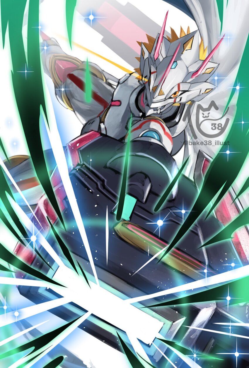 aiming aiming_at_viewer arm_blade arm_cannon armor bakeneko38 blonde_hair cape colored_skin digimon digimon_(creature) digimon_ghost_game dragon energy_gun eye_trail highres light_trail powering_up short_hair siriusmon solo spiked_hair weapon white_armor white_cape white_skin yellow_eyes