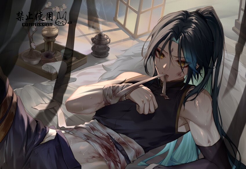 1boy alternate_hair_length alternate_hairstyle bandaid bandaid_on_arm black_gloves black_pants black_shirt blood blood_on_clothes blood_on_face commentary_request cup dark_green_hair elbow_gloves facial_mark forehead_mark genshin_impact gloves highres kettle kuko_(geeeee_ss) long_hair lying male_focus pants shirt sleeveless sleeveless_shirt sweat xiao_(genshin_impact) yellow_eyes