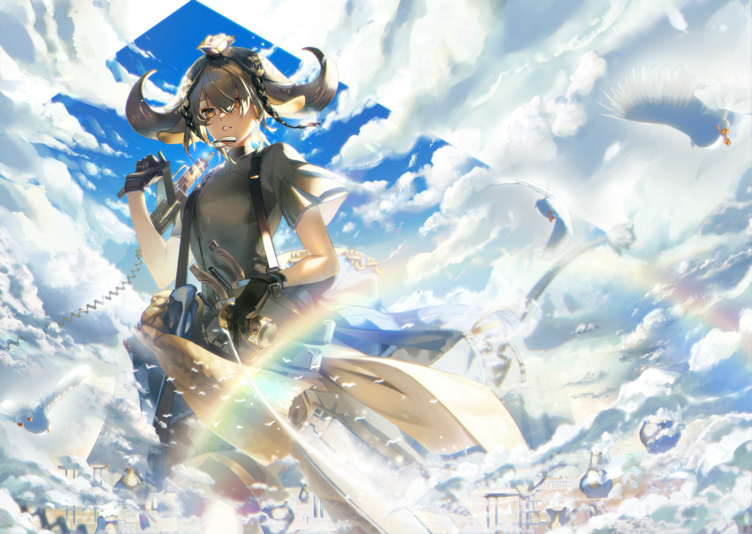 1girl animal_ears arknights bird black_gloves braid breasts can cloud cloudy_sky commentary cow_ears cow_tail cowboy_shot english_commentary flower garter_straps gloves grey_hair grey_horns grey_shirt hair_between_eyes hair_flower hair_ornament highres holding holding_can horns looking_at_viewer pallas_(a_drip_of_orea_and_potamous)_(arknights) pallas_(arknights) parted_lips paulluxh puffy_short_sleeves puffy_sleeves rainbow shirt short_hair short_sleeves side_braids sky small_breasts solo tail teeth too_many too_many_birds yellow_eyes