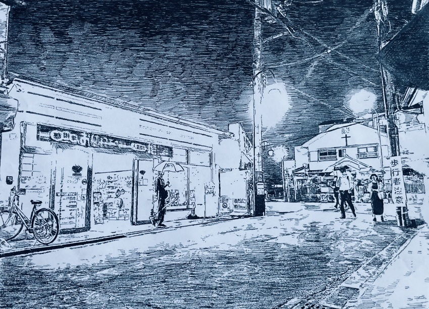 1girl ambiguous_gender ballpoint_pen_(medium) bicycle black_sky convenience_store greyscale hatching_(texture) highres holding holding_umbrella japan kyoto lamppost monochrome night original pen_(medium) power_lines real_world_location road scenery shop sky street town traditional_media umbrella user_nnxt5288