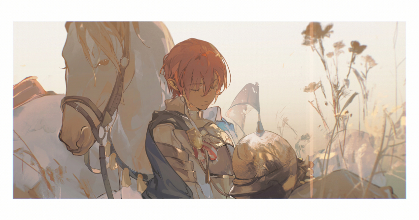 1boy absurdres armor border breastplate bridle cape closed_eyes ensemble_stars! hair_between_eyes helmet highres holding holding_helmet knight leaning_on_animal long_sleeves male_focus outdoors red_hair reins shirt short_hair shule_de_yu solo suou_tsukasa unworn_headwear unworn_helmet white_border white_horse