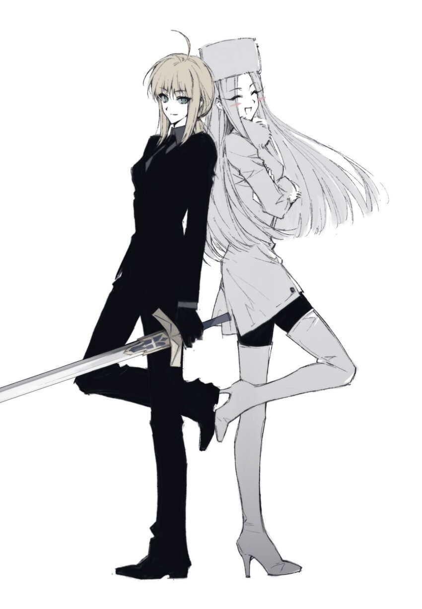 2girls artoria_pendragon_(fate) black_gloves black_suit blonde_hair blush_stickers boots coat excalibur_(fate/stay_night) fate/zero fate_(series) formal_clothes fur-trimmed_coat fur_hat fur_trim gloves hat high_heel_boots high_heels highres holding holding_sword holding_weapon irisviel_von_einzbern multiple_girls saber_(fate) skanroooo suit sword thigh_boots weapon