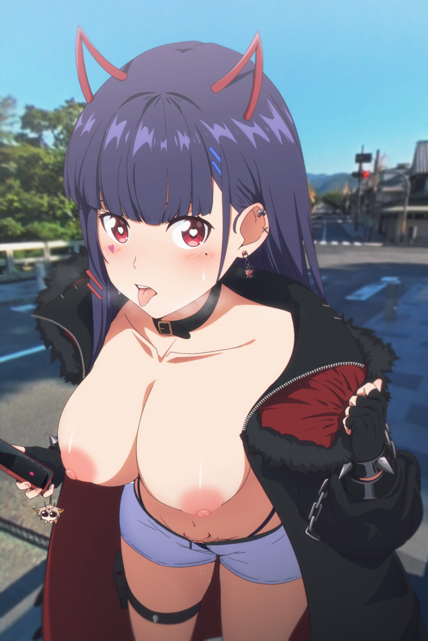 1girl absurdres akuma_nihmune akuma_nihmune_(demon_past) belt_collar black_gloves black_jacket blunt_bangs blush bracelet breasts cellphone cellphone_charm charm_(object) collar commentary day demon_horns earrings eijiru english_commentary fingerless_gloves fur-trimmed_jacket fur_trim gloves heart heart-shaped_pupils highres holding holding_phone horns indie_virtual_youtuber jacket jewelry large_breasts long_hair long_sleeves looking_at_viewer mole mole_under_eye naked_jacket nipples official_alternate_costume open_clothes open_jacket open_mouth outdoors panty_straps phone pouch pubic_tattoo public_indecency public_nudity purple_hair red_eyes road short_shorts shorts sky smartphone solo spiked_bracelet spikes street symbol-shaped_pupils tattoo thigh_pouch tongue tongue_out traffic_light virtual_youtuber white_shorts