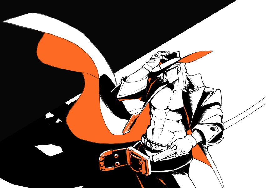 1boy abs absurdres belt coat commentary_request fingerless_gloves gloves guilty_gear hat highres johnny_(guilty_gear) limited_palette male_focus mitsuya_ryo muscular muscular_male no_shirt open_clothes open_coat profile smile solo sunglasses wide_brim