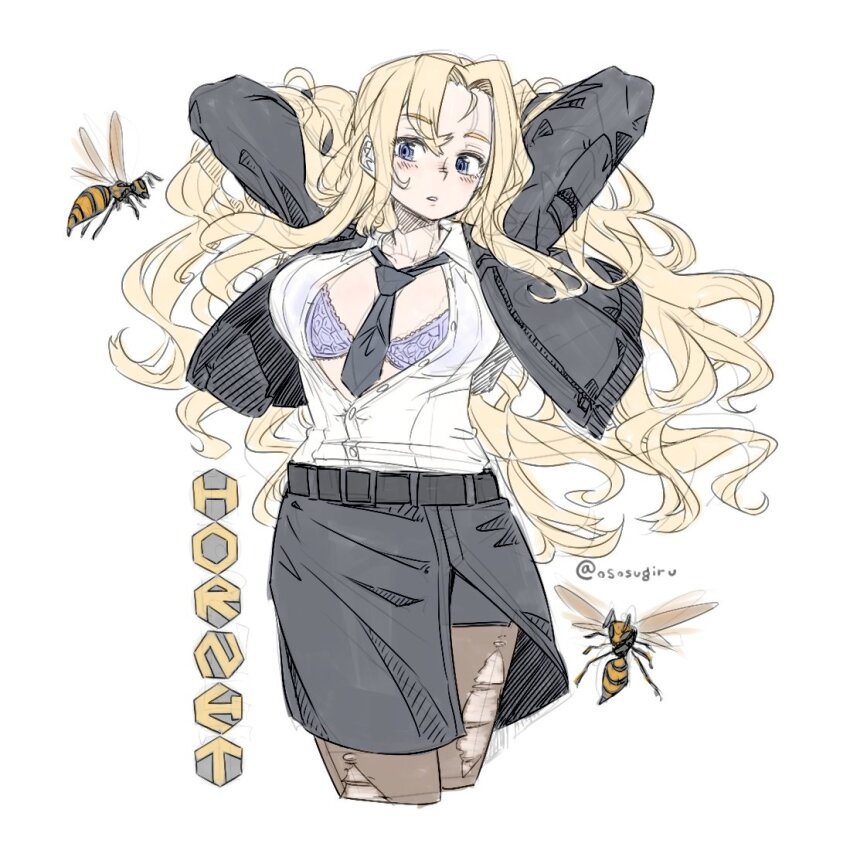 1girl arms_behind_head belt black_belt black_necktie black_skirt blonde_hair blush bomber_jacket bra breasts character_name commentary_request grey_eyes hornet_(kancolle) jacket kantai_collection large_breasts long_hair necktie open_clothes open_jacket open_shirt oso_(toolate) pantyhose partially_unbuttoned pencil_skirt purple_bra shirt simple_background skirt torn_clothes torn_pantyhose underwear wasp white_background white_shirt