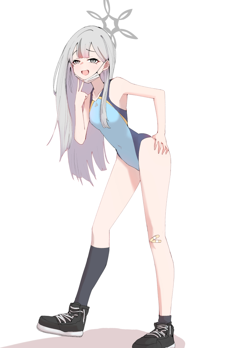 1girl absurdres asymmetrical_legwear black_shoes black_socks blue_archive blue_one-piece_swimsuit commission competition_swimsuit full_body grey_eyes grey_hair grey_halo halo highleg highleg_one-piece_swimsuit highres kneehighs konoka_(blue_archive) long_hair mask mask_pull mouth_mask one-piece_swimsuit pixiv_commission shoes simple_background single_kneehigh single_sock socks solo surgical_mask swimsuit tehau_(sup_calon) uneven_legwear white_background