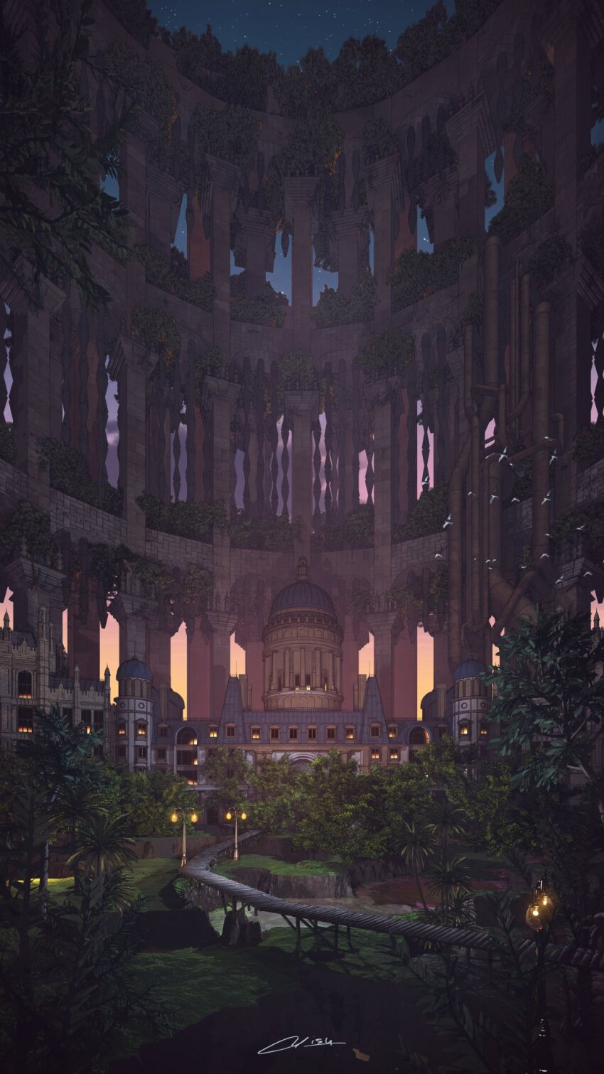 arch architecture bird bridge building cloud colonnade column commentary_request day dome grass highres industrial_pipe lamppost no_humans original outdoors pillar rock scenery shadow signature sky star_(sky) tree twilight waisshu_(sougyokyuu) water wooden_bridge