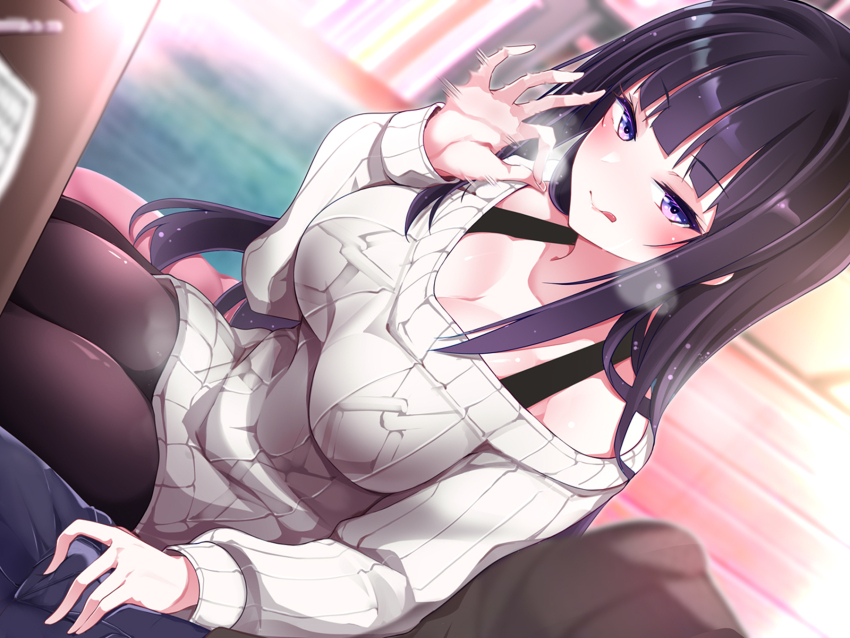 1boy 1girl :q black_hair black_pantyhose breasts bulge cleavage handjob_gesture hetero highres large_breasts long_hair looking_at_viewer mutou_kurihito original pantyhose pov purple_eyes smile sweater tongue tongue_out