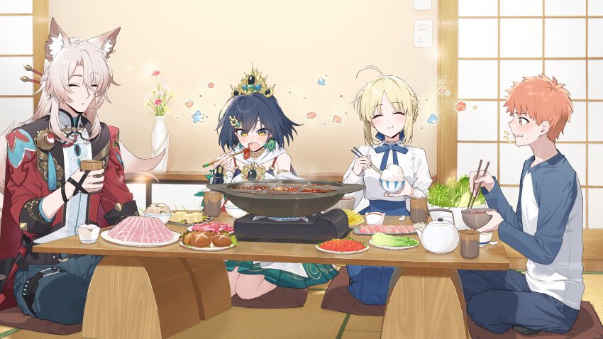 2boys 2girls artoria_pendragon_(fate) black_hair blonde_hair crossover eating emiya_shirou fate/stay_night fate_(series) food happy hayashi_kewi highres holding holding_food honkai:_star_rail honkai_(series) jiaoqiu_(honkai:_star_rail) multiple_boys multiple_girls orange_hair saber_(fate) smile table white_hair yunli_(honkai:_star_rail)
