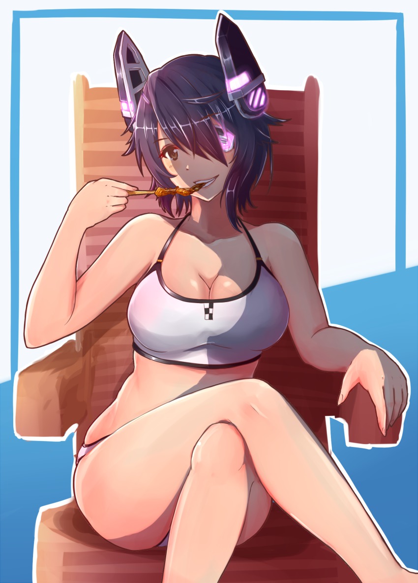 10s 1girl armrest bad_id bad_pixiv_id bare_shoulders bikini blush breasts brown_eyes chair cleavage crossed_legs eating edwin_(cyberdark_impacts) eyepatch female_focus food glowing hair_over_one_eye headgear highres kantai_collection large_breasts looking_at_viewer machinery md5_mismatch parted_lips purple_hair short_hair sitting smile solo swimsuit teeth tenryuu_(kancolle) tenryuu_(swimsuit)_(kancolle) white_bikini