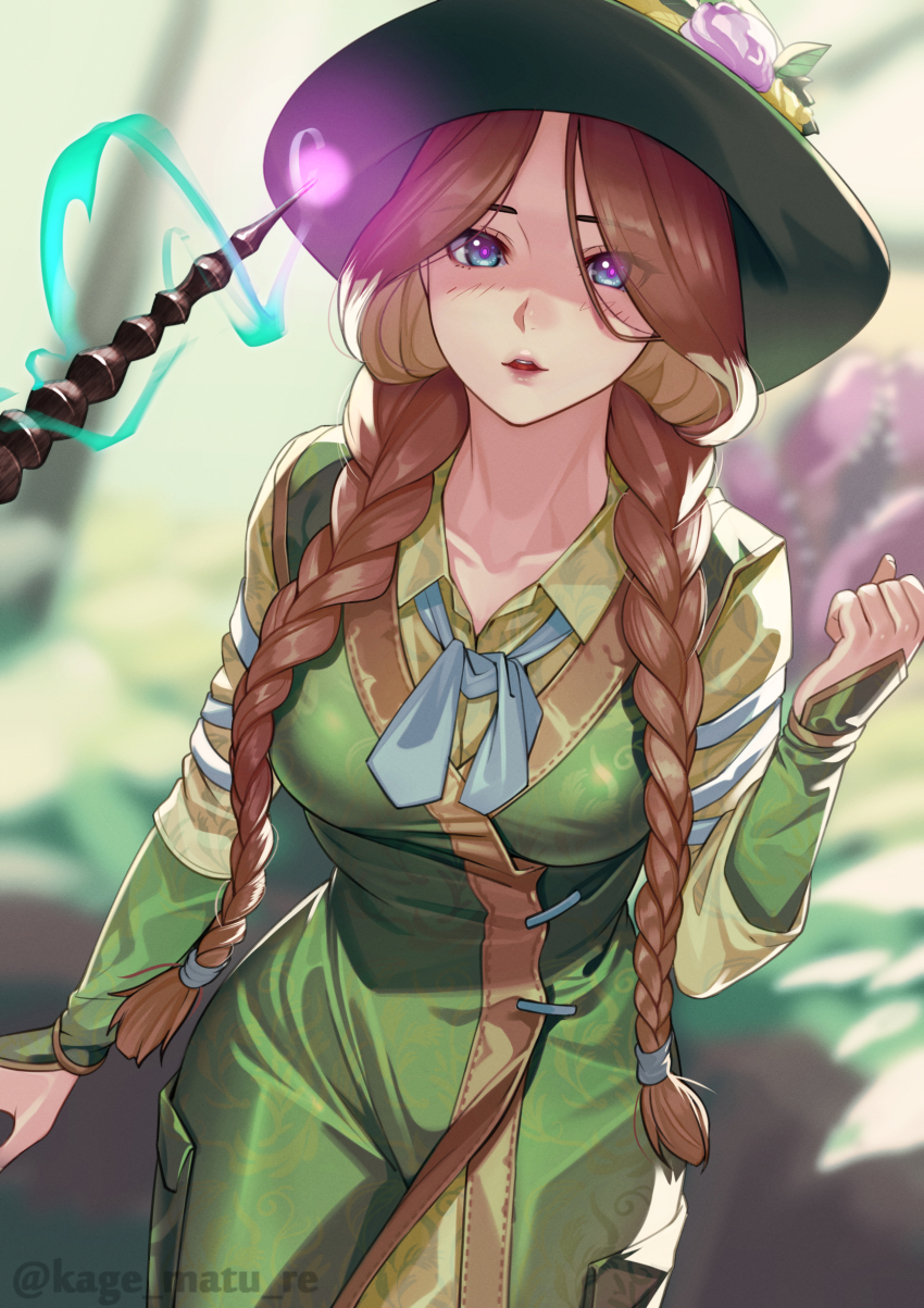 1girl absurdres animification blue_eyes blurry blurry_background braid breasts commentary_request dress green_dress green_hat harry_potter_(series) hat highres hogwarts_legacy kagematsuri long_hair long_sleeves looking_at_viewer medium_breasts mirabel_garlick parted_lips pov professor_garlick red_hair solo twin_braids twitter_username wand witch_hat wizarding_world