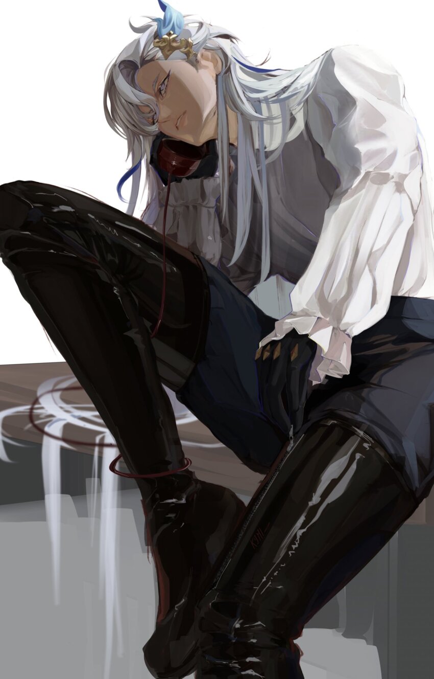 1boy black_boots black_gloves blue_eyes blue_pants boots commentary english_commentary frilled_sleeves frills full_body genshin_impact gloves hair_ornament hand_on_own_face head_rest highres k9mi knee_up leather leather_boots long_hair long_sleeves looking_up male_focus neuvillette_(genshin_impact) pants sanpaku shirt shirt_tucked_in sitting solo very_long_hair white_background white_shirt