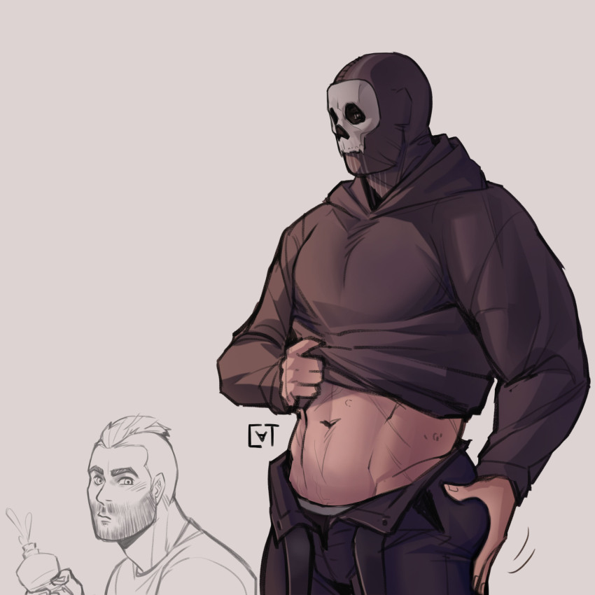 2boys absurdres bara black_hoodie black_male_underwear black_pants bottle call_of_duty call_of_duty:_modern_warfare_2 clothes_lift crushing facial_hair ghost_(modern_warfare_2) highres holding holding_bottle hood hood_down hoodie hoodie_lift lifting_own_clothes looking_at_another male_focus male_underwear male_underwear_peek mask midriff_peek multiple_boys muscular muscular_male navel open_pants pants partially_colored short_hair skull_mask soap_(modern_warfare_2) sundaycat3 underwear water_bottle yaoi